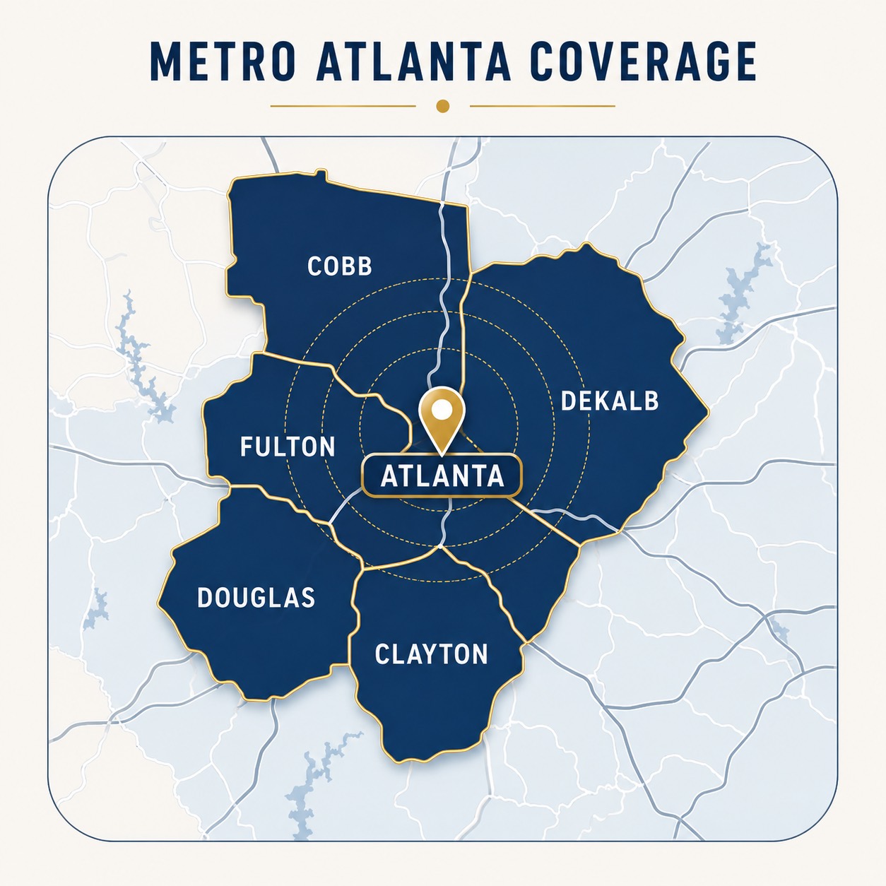 Terminus Eviction Logistics coverage map showing Fulton, DeKalb, Cobb, Clayton, and Douglas counties surrounding Atlanta