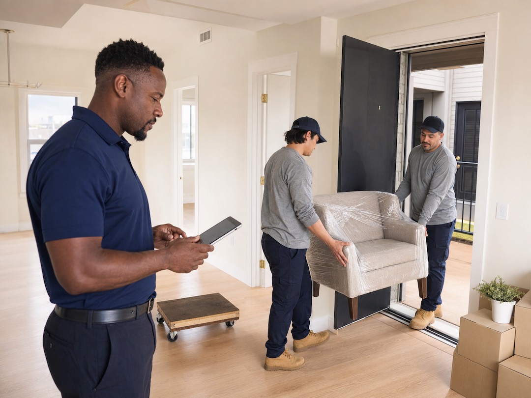 Field coordinator documenting an authorized vacant-unit cleanout while a professional crew moves furniture